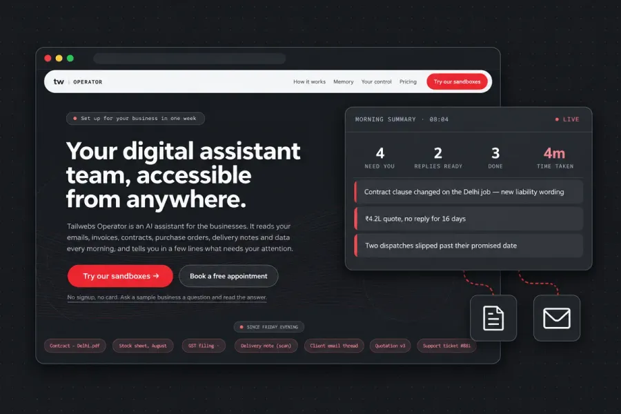 The Tailwebs Operator website, operator.tailwebs.com