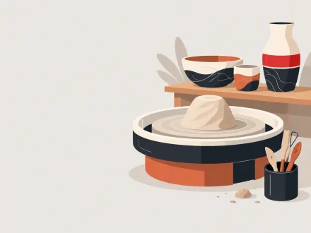 A potter's wheel with fresh clay beside a shelf of finished bowls, cups and a vase in different shapes