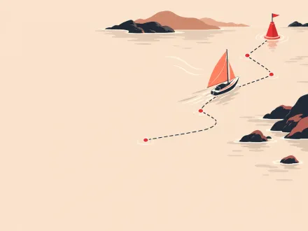 A small sailboat zigzags towards a buoy across open water, its earlier turns marked by a dotted wake.