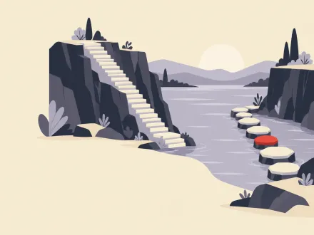 A river gorge with one long staircase down a cliff and a row of stepping stones crossing the water, one stone red.