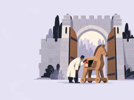 A guard at a city gate holds up a lantern to look inside a wooden horse before letting it through.