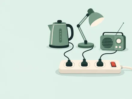 A kettle, a desk lamp and a radio, each with its own cord, plugged into one shared extension board.