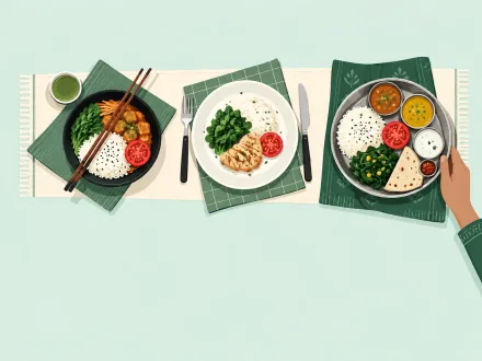 The same meal served three local ways from above: a bowl with chopsticks, a plate with knife and fork, a round thali.