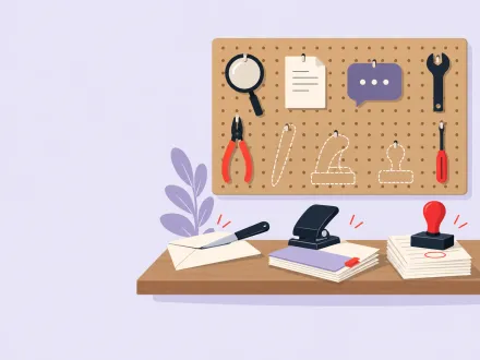 A pegboard of tools with three empty outlines above a desk where plain tools open post, punch paper and stamp forms.