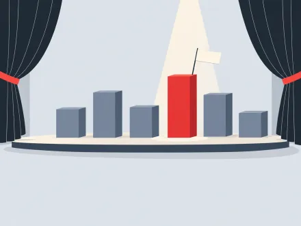 A small stage with six blocks set out like a bar chart, a spotlight picking out the one tall red block.