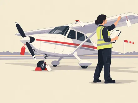A ground engineer in a hi-vis vest checks a small propeller plane with a clipboard, tags marking each inspection point.