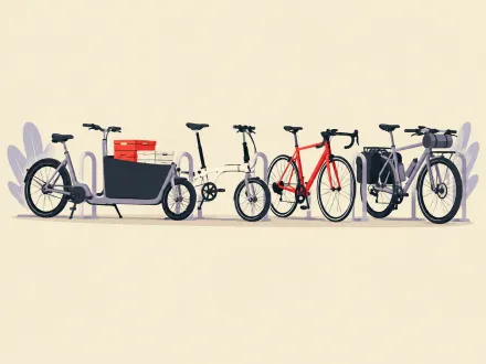 Four different bicycles on one rack: a cargo bike with crates, a folding bike, a racing bike and a touring bike.