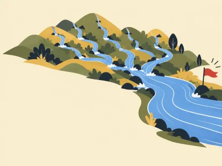 Many small streams trickle down a hillside and join into one wide river, with a red flag on the bank.