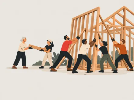 Several people raising the timber frame of a house together