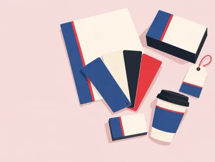 Colour swatches in cobalt, cream, ink and red, beside a letter, box, tag, cup and business cards that all share the same colours and red stripe