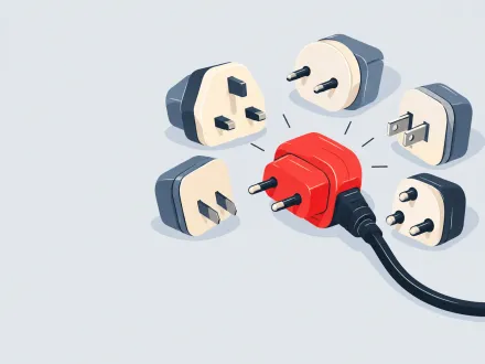 One red plug surrounded by four travel adaptors, each with a different pin shape for a different country's socket.