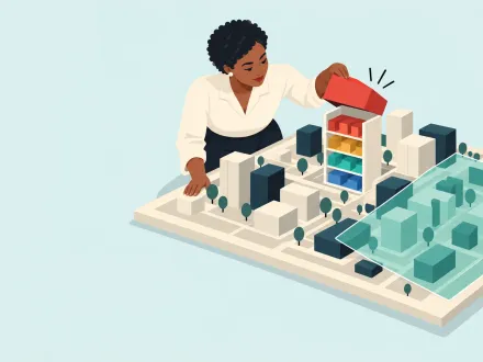 A woman placing a red block on a model city whose buildings form a bar chart