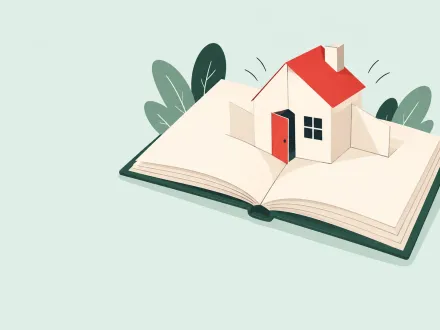 A pop-up book lies open with a small paper house rising from its pages, its front door painted red.