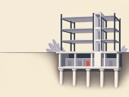 A building cutaway with deep foundations and a basement of locked rooms finished, while the floors above are bare frame.