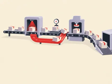Parcels ride a conveyor through a scanning arch, a scale and a press to a ramp, one rejected parcel sent down a red chute.