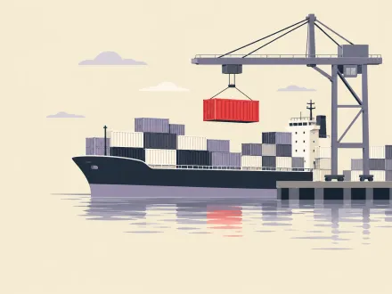 A gantry crane lifts a red container onto a cargo ship whose stacks are uneven and have gaps.