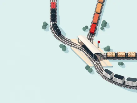 Four railway lines carrying different kinds of freight wagons curve together into one station yard, seen from above.