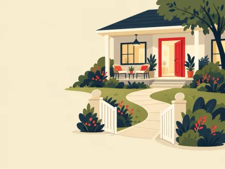 A garden path leads from an open gate past a porch with two chairs to a front door open on warm light.