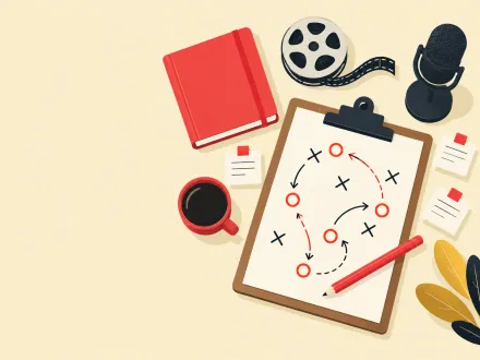 A clipboard of plays drawn as circles and arrows lies on a desk beside a notebook, a film reel and a microphone.