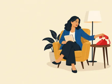 A woman in an armchair holds a closed booklet on her lap and reaches for the telephone on the side table.