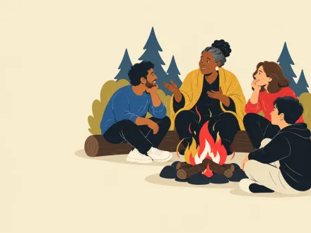 Four people sit round a campfire as an older woman tells a story with open hands and the others listen closely.