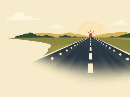 A runway at dusk, two rows of lights leading straight to a single red marker at the far end.