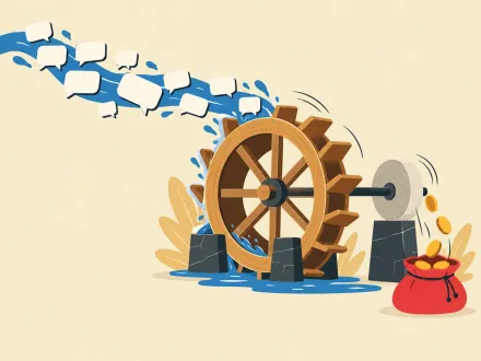 A stream of blank speech bubbles turns a water wheel, which drives a millstone that drops coins into a pouch.