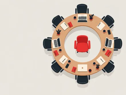 A round table seen from above, every chair and laptop facing one red chair in the middle
