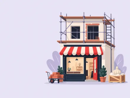 A shopfront open for business with scaffolding still above it and an ornament left crated on the pavement.
