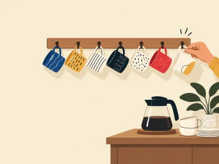 A hand hangs a new mug beside the regulars' mugs on a café peg rail, above a counter with a coffee pot.