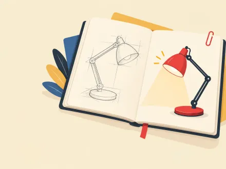 An open scrapbook shows a pencil sketch of a desk lamp on one page and the finished lamp, switched on, on the other.