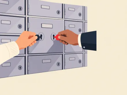 Two hands turn two separate keys at the same time in the double lock of a safe-deposit box.