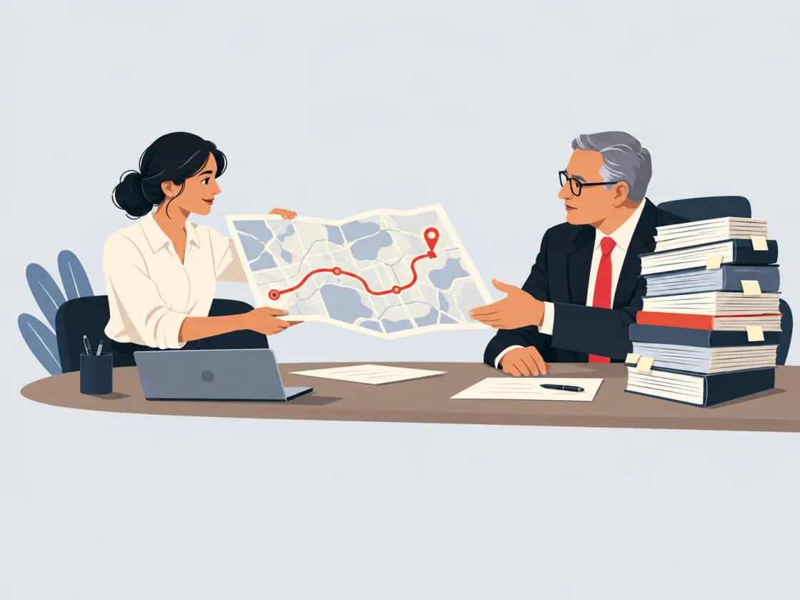 A woman hands an older man in a suit a map with one clear red route, across a desk piled with closed reports.
