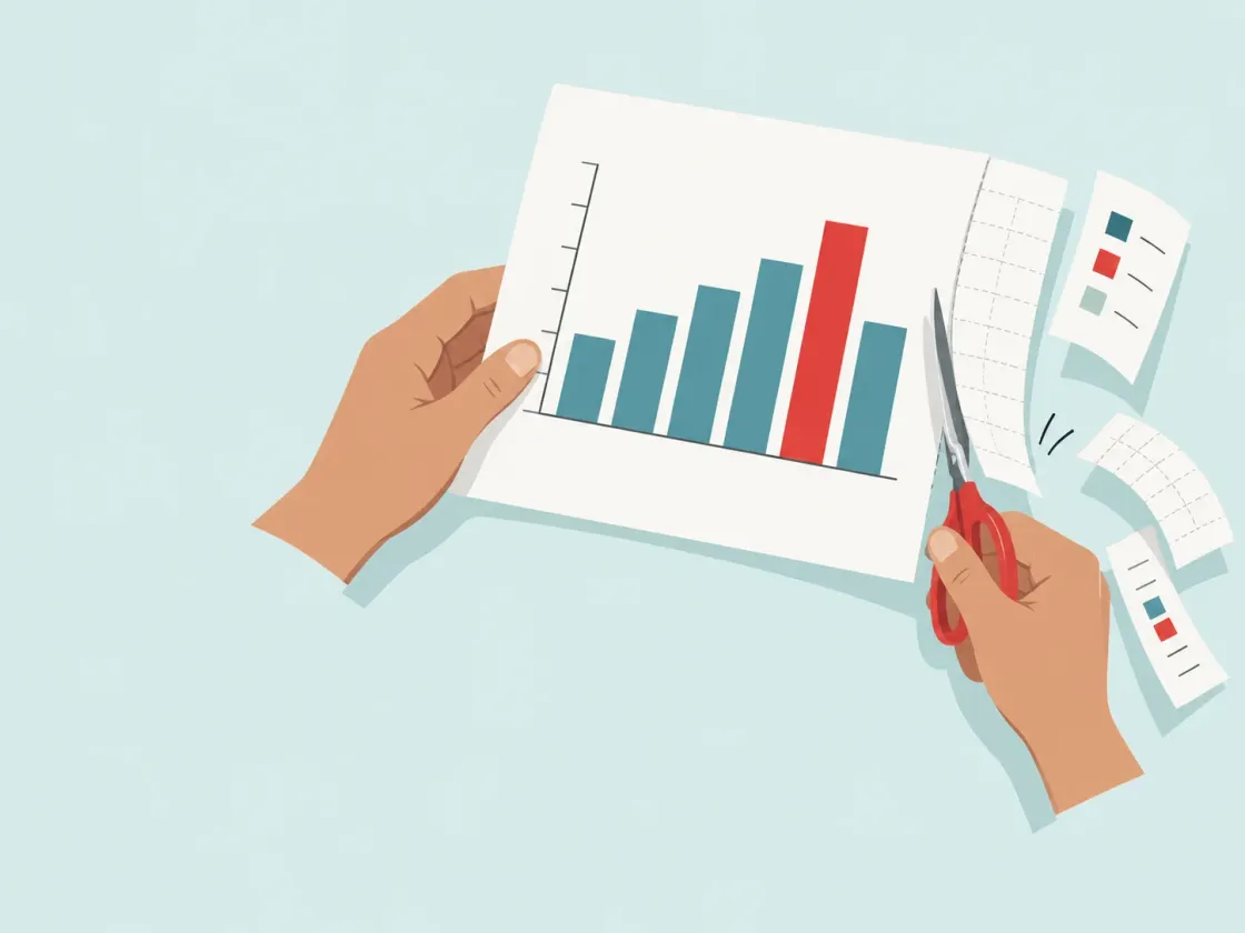 Hands cut gridlines and legend strips from a printed bar chart with scissors, leaving one red bar standing out.
