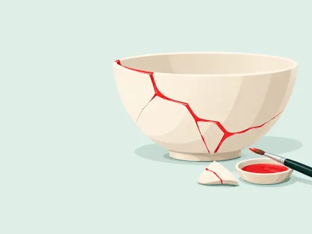 A cracked bowl mended with bright red seams, with a small brush and a dish of lacquer beside it.