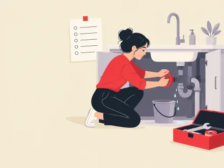 A woman kneeling under a sink turns the red main valve while a bucket catches the drip and a toolbox waits.