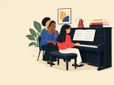 A teacher sits beside a teenage student at an upright piano, with a stack of practice books on top.
