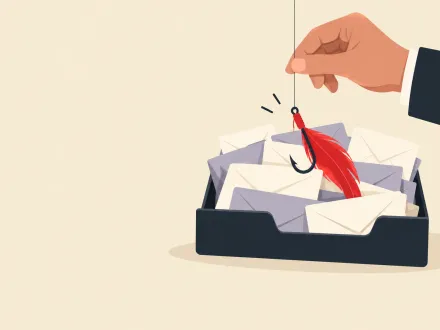 A hand dangling a fishing hook with a red lure over an inbox tray full of envelopes