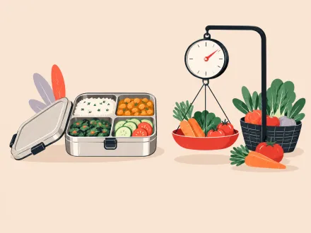 A lunch box with fixed compartments of food stands beside loose vegetables being weighed on a market scale.