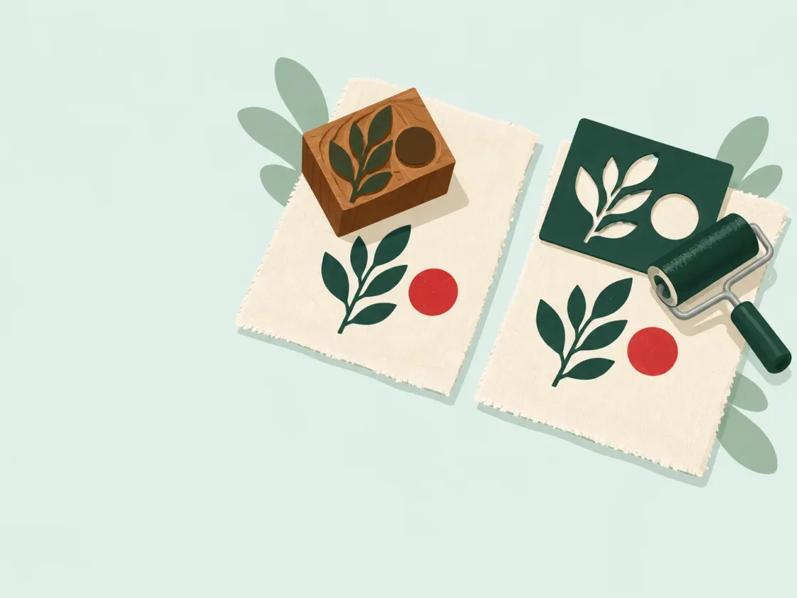 A carved wooden block stamp and a cut stencil with a roller each sit beside the same printed leaf-and-dot pattern.