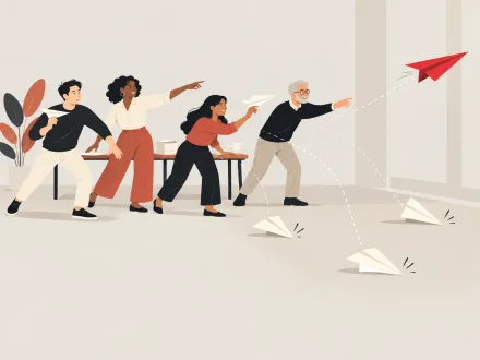 A team in an office throwing paper planes, one red plane flying furthest