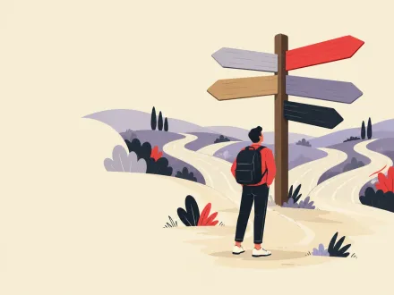 A traveller with a rucksack stands at a crossroads, looking up at a signpost with five arms pointing different ways.