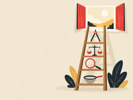 A ladder with a compass, scales, a magnifier and a sieve on its rungs, leading up to an open window