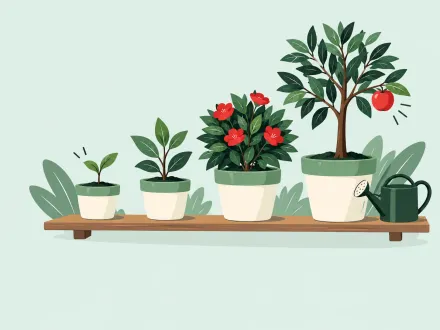 Four pots in a row grow from a sprout to a leafy plant, a flowering shrub and a young tree, with a watering can beside.