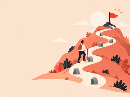 A walker with a backpack climbs a winding path past small markers towards a red flag on the hilltop.