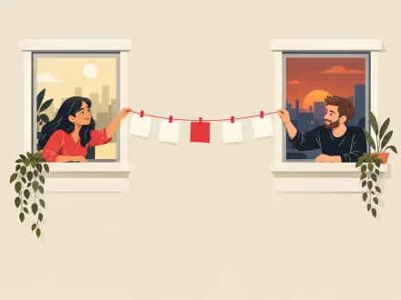Two people in facing windows passing notes along a shared washing line
