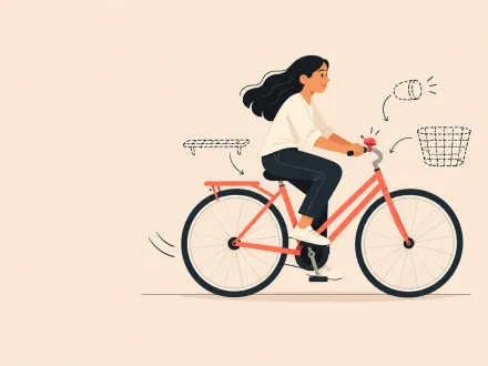 A woman rides a plain bicycle while dashed outlines of a basket, a lamp and a rack wait to be added.