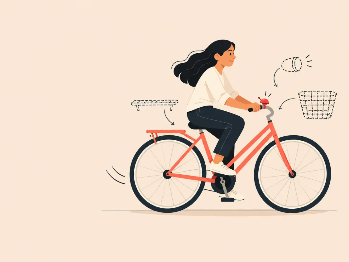 A woman rides a plain bicycle while dashed outlines of a basket, a lamp and a rack wait to be added.