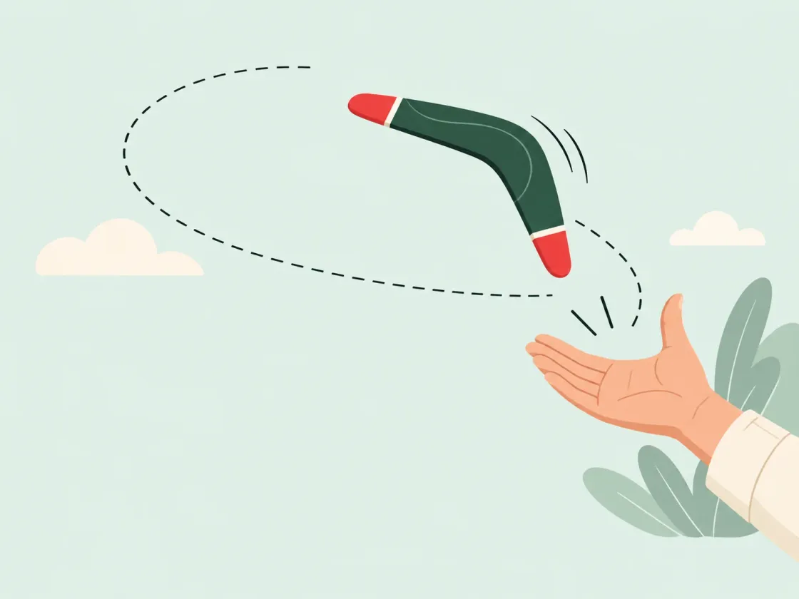 A boomerang curves through the air on a dashed path back towards the open hand that threw it.