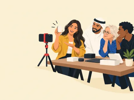 Four people at a table filming a product unboxing on a phone tripod